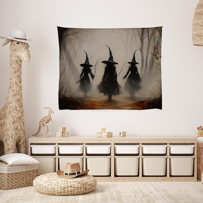 Witchy Halloween Tapestry Wall Hanging Vintage Spooky Witch Room Print Dark Academia Autumn Forest Three Witches Tapestries Decor for Halloween Living Room Bedroom Decoration 50x60inch