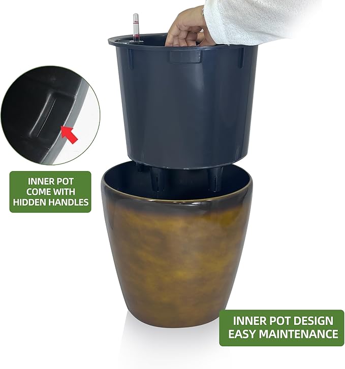Dexceder 18x17 Self Watering Planter with Wheels Indoor Outdoor, Inner Pot Design, Thickened Large Floor Standing Flower Plant Pot with Water Level Indicator (Yellow Brown Gradient)
