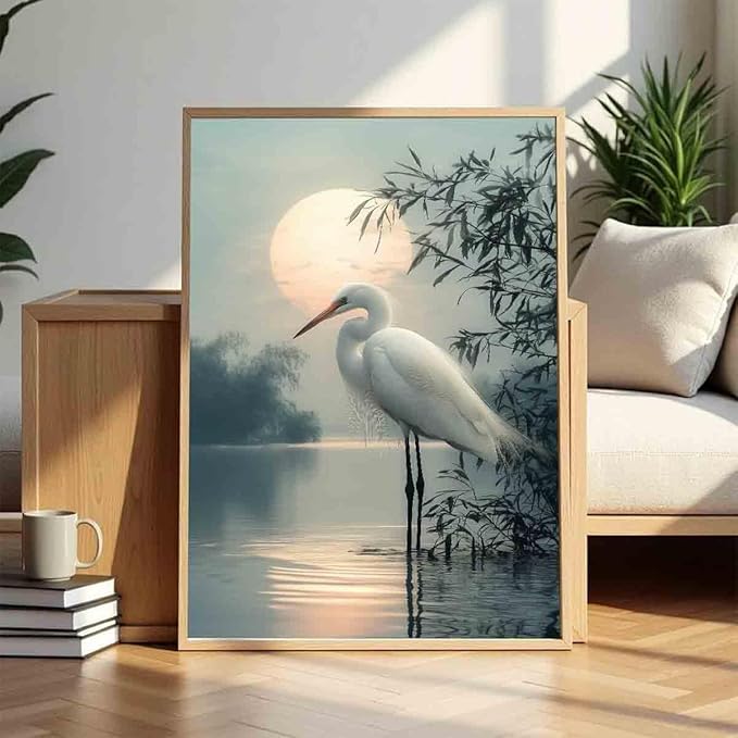 White Heron Wall Art Watercolor Heron Print Vintage Crane Bird Pictures Japanese Crane Painting Watercolor Bird Artwork Sunset Abstract Wall Art Coastal Living Room Decor 16x24inch No Frame