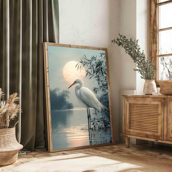 White Heron Wall Art Watercolor Heron Print Vintage Crane Bird Pictures Japanese Crane Painting Watercolor Bird Artwork Sunset Abstract Wall Art Coastal Living Room Decor 16x24inch No Frame