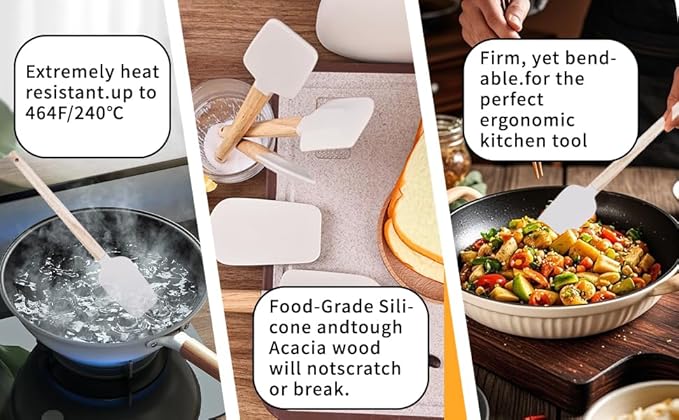 Ptanexx Wooden Handle Silicone Spatula Set 5 Piece, Batter Mixing Spatula, Spatula for Cooking, Jars, Baking, Mixing, Frosting