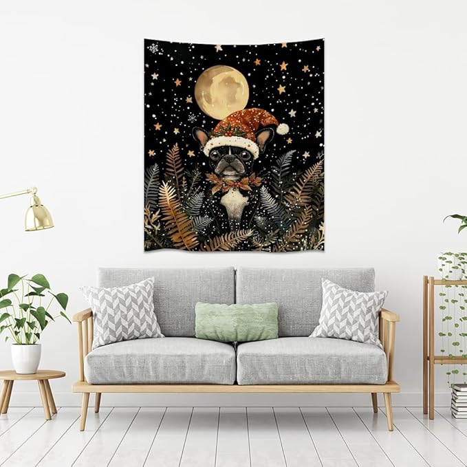French Bulldog Christmas Tapestry Wall Hanging Cute Dog Santa Hat Moon Pictures Print Pet Lover Gift Funny Christmas Tapestries Aesthetic for Winter Home Nursery Kids Bedroom Decor 60x80inch