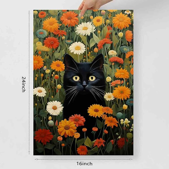 Vlolvfe Black Cat Wall Art Colorful Flower Pictures Funny Cat Painting Green Plant Pictures Colorful Wildflowers Wall Art Cute Animals Floral Picture Aesthetic Living Room Decor 16x24inch No Frame