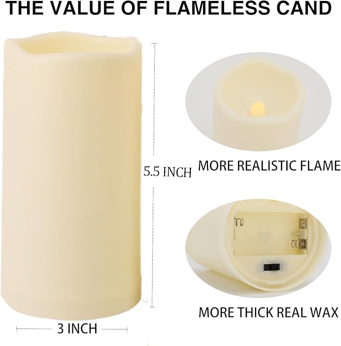 9PACK Outdoor Plastic flameless Candles with Remote Control and Timer, LED Flickering Battery Operated Electric Pillar Candles (D3 xH5.5) for Camping, Weddings, Home Decoration