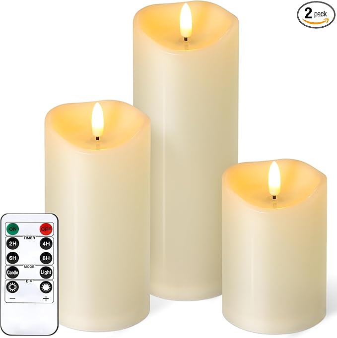 Outdoor Flameless Candles with Remote Timer - Waterproof Realistic Flickering LED Pillar Electric Battery Operated Fake Candle for Holiday Home Wedding Fireplace Decor - Ivory 3 Pack (D3”H4”6”8”)