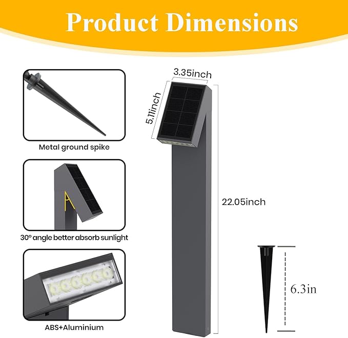 Solar Walkway Light, Dimmable Metal Solar Pathway Light Outdoor IP65 Waterproof, 3000K 500LM Solars Yard Lights for Yard Garden Patio Landscape Lawn
