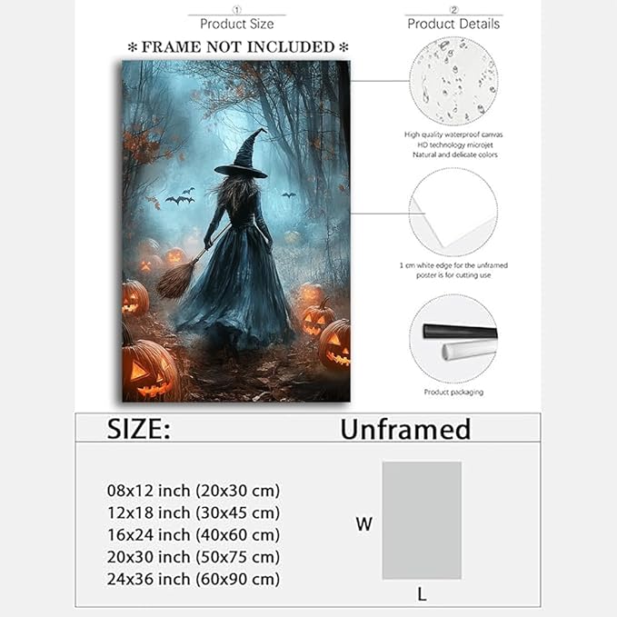 Vintage Moody Halloween Witch Artwork Wall Decor,Spooky Halloween Gothic Canvas Artwork Creepy Horror Witch with A Broom Pumpkin Bats Rustic Forest Picture,Dark Academia Poster,20"x30" Unframed