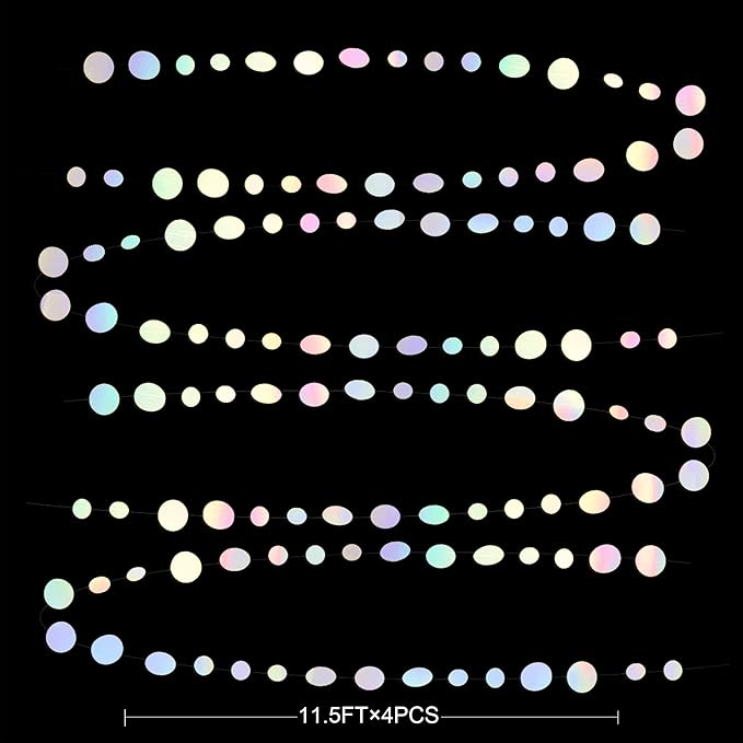 46 Ft White Iridescent Circle Dots Garland Hanging Holographic Polka Dots Streamer for Birthday Bachelorette Engagement Wedding Bridal Shower Galaxy Pastel Winter Christmas Party Decorations Supplies