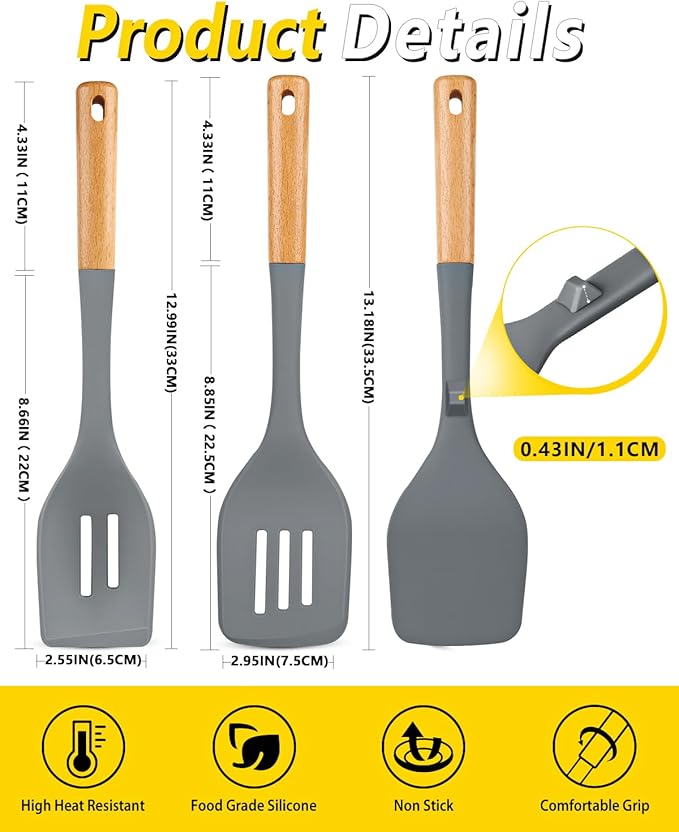 Pack of 4 Silicone Kitchen Utensils Set, Non Stick Solid Spatulas and Heat Resistant Slotted Spoons with Wooden Handle, Ideal BPA Free Cooking Utensils for Mixing,Serving,Turning,Stirring(GRAY)