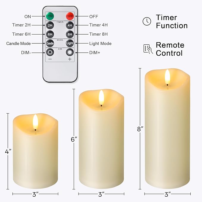 Outdoor Flameless Candles with Remote Timer - Waterproof Realistic Flickering LED Pillar Electric Battery Operated Fake Candle for Holiday Home Wedding Fireplace Decor - Ivory 3 Pack (D3”H4”6”8”)