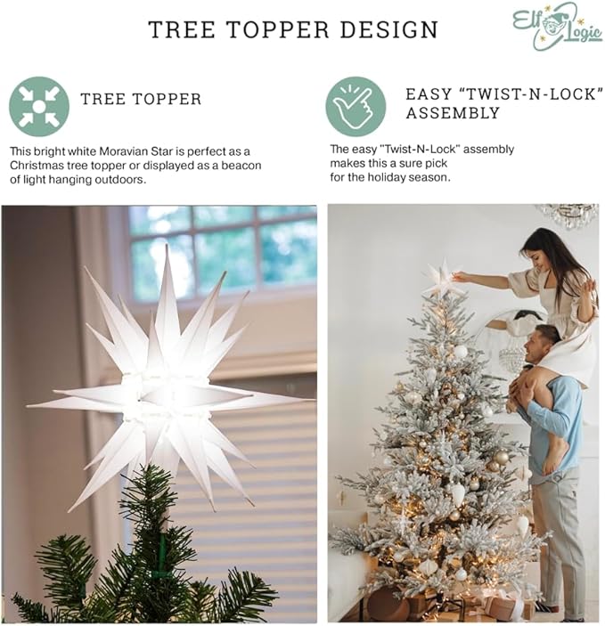 Elf Logic 12" Bright White LED Moravian Star Tree Topper - Hanging Outdoor/Indoor Christmas Tree Star Topper Light - Use as Holiday Decoration, Porch Light, Wedding and Ballroom Venue Decor