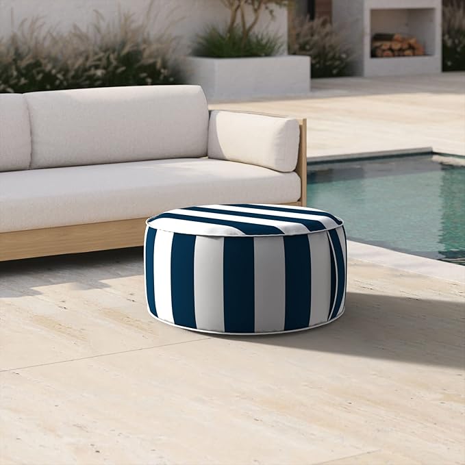 Inflatable Ottoman Stool D21 xH9 for Outdoor/Indoor Use, Water Repellent Patio Foot Rest Stool with Portable Handle,Round Pouf Ottoman Suitable for Garden,Deck and Camping - Cabana Navy