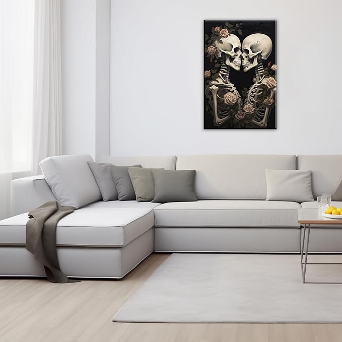 OAAPITI Vintage Skeleton Canvas Wall Art Gothic Painting Artwork Retro Rose Skull Art Poster Abstract Romantic Theme Picture Halloween Living Room Decor(Artwork-4,16"x24")