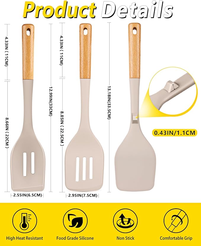 Pack of 4 Silicone Kitchen Utensils Set, Non Stick Solid Spatulas and Heat Resistant Slotted Spoons with Wooden Handle, Ideal BPA Free Cooking Utensils for Mixing,Serving,Turning,Stirring(KHAKI)