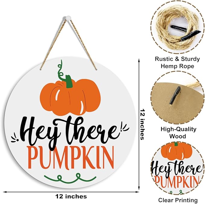 MIGUMUTU Cute Farmhouse Fall Signs Door Wall Hanging Decor, Fall Room Home Decor, Hey There Pumpkin Sign, Fall Sign Autumn Pumpkin Wall Decor Decoration for Home Office 12 X 12 Inch