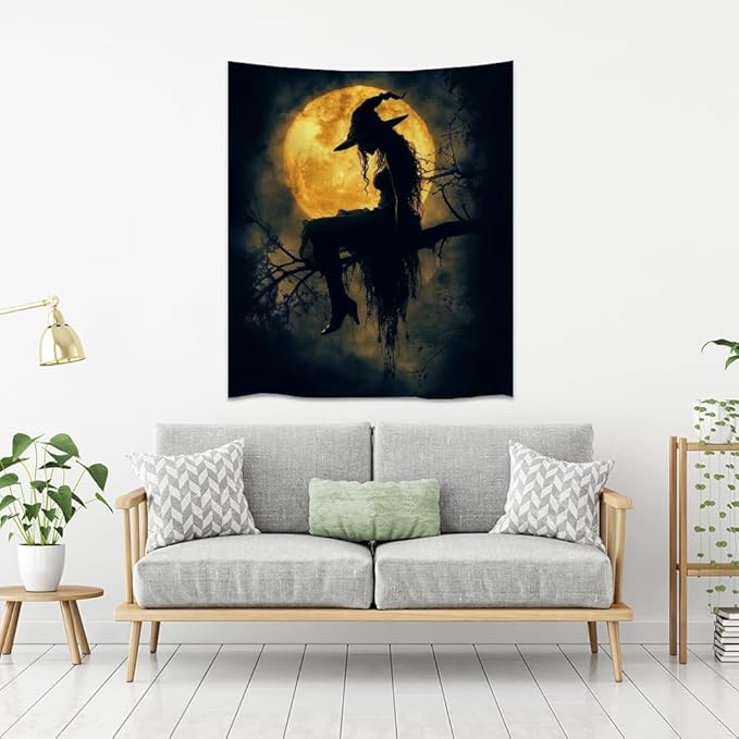 Halloween Witch Tapestry Wall Art Witchcore Moon Aesthetic Print Dark Academia Gothic Tapestries Wall Hanging Horror Ghost Halloween Party Decor for Home Living Room Bedroom 50x60inch