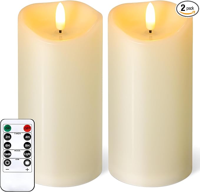 NURADA Outdoor Flameless Candles with Remote Timer - Waterproof Realistic Flickering LED Pillar Electric Battery Operated Fake Candle for Holiday Home Wedding Fireplace Decor - Ivory 2 Pack (6" 6")