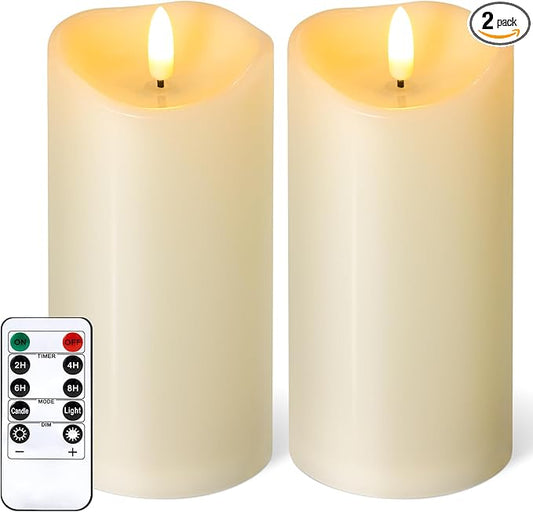 NURADA Outdoor Flameless Candles with Remote Timer - Waterproof Realistic Flickering LED Pillar Electric Battery Operated Fake Candle for Holiday Home Wedding Fireplace Decor - Ivory 2 Pack (6" 6")