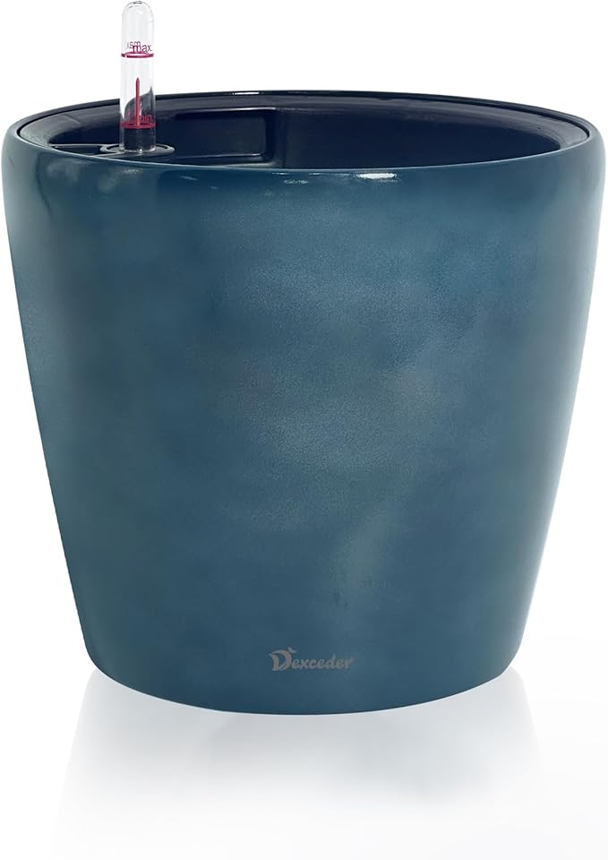 Dexceder 11x10 Inches Self Watering Planter Indoor Outdoor, Inner Pot Design, Thickened Table Flower Plant Pot with Water Level Indicator (Grayish Green Gradient)