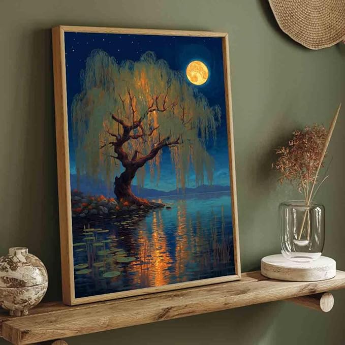 Vlolvfe Night Scenery Wall Art Country Nature Full Moon Poster Abstract Scenery Wall Art Nature Themed Tree Pictures Night Sky Picture Landscape Pictures Living Room Decor 16x24inch No Frame