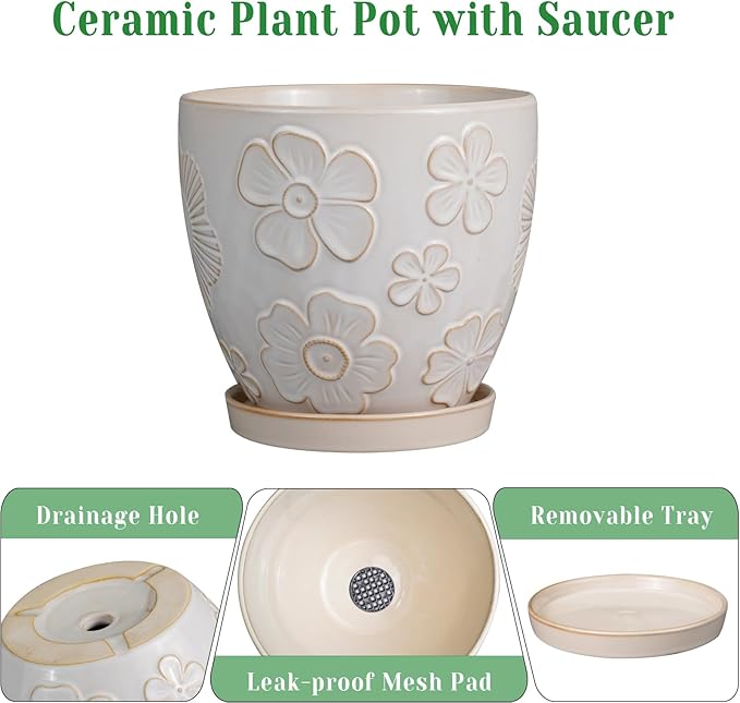 6.9 Inch Plant Pot with Drainage Hole and Saucer Ceramic Planter for Indoor Plant Flower Pot for Orchid Succulents Plants White