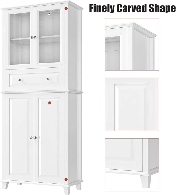 76'' Kitchen Pantry Storage Cabinet, Freestanding Kitchen Cupboard with Large Drawer, Doors, and Adjustable Shelves, Bathroom Storage Cabinet for Dining Room, Living Room, Laundry, White