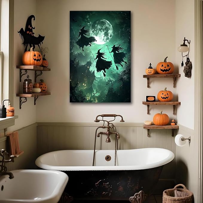Flying Three Witches Halloween Canvas Wall Painting,Witches on Broom Under Full Moon Castle Victorian Decoration Haunted House Retro Poster for Living Room Bedroom Gallery,8"x12" Framed