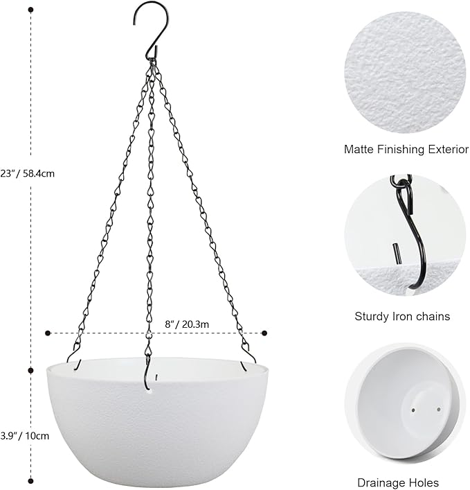 8 inch Small Hanging Planters for Indoor Outdoor Plants, 2 Pack Hanging Flower Pots with Drainage Holes and Chain for Garden Porch Plants, Plastic Hanging Baskets for House Plants, White