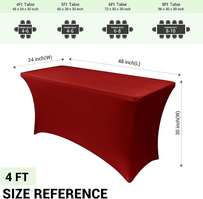 Obstal 4Ft Stretch Spandex Table Cover for Standard Folding Tables - 2 Pack Universal Rectangular Fitted Tablecloth for Party, Banquet, Events, Trade Show (Dark Red, 48L x 24W x 30H Inches)