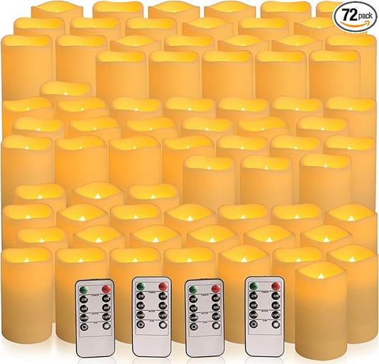Set of 72 Flameless Led Battery Opeated (D2.2'' x H4''5''6'') Waterproof Outdoor Indoor Candles with 10-Key Remotes and Cycling 24 Hours Timer
