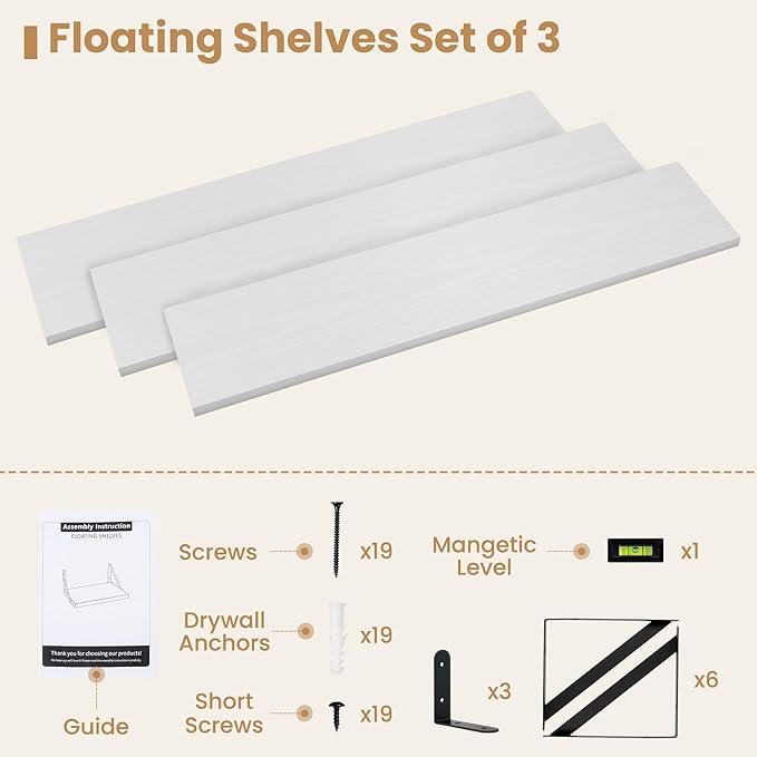 Heimlove 36 Inch White Floating Bookshelves Set of 3,Heavy Duty Wall Mounted Bookshelves,Wall Bookshelf for Living Room,Bedroom,Kitchen,Laundry Room Storage & Decor
