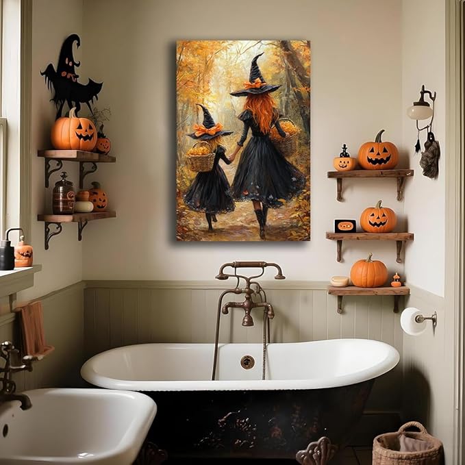 Mother Witch And Child Daughter Witch Wall Art,Halloween Autumn Woodland Forest Path Picture,Family Room Nursery Playroom Kids Room Decor,16"x24" Unframed