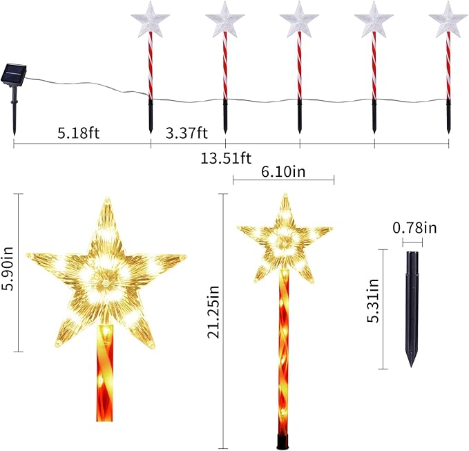 Christmas Solar Pathway Lights Outdoor Decorations, Modes Star Candy Lights Waterproof Led Garden Stake Light for Walkway Yard Lawn Porch Holiday Decor 5-Pack (Red Tube Star, 5 Pack)