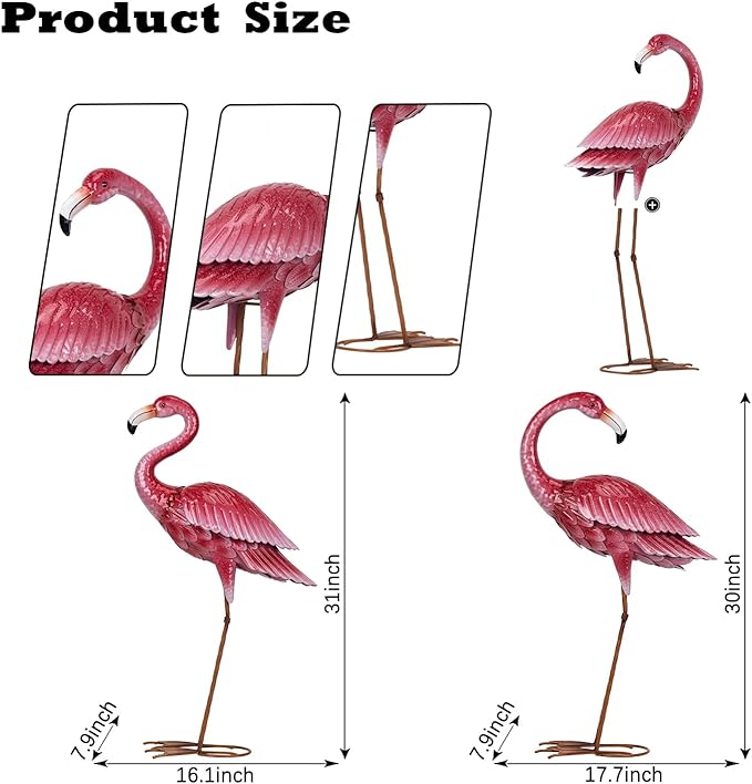 Kircust Flamingo Garden Sculpture & Statues, Metal Birds Yard Art Outdoor Statue, Large Pink Flamingo Lawn Ornaments for Home, Patio, Backyard Decor (2-Pack)