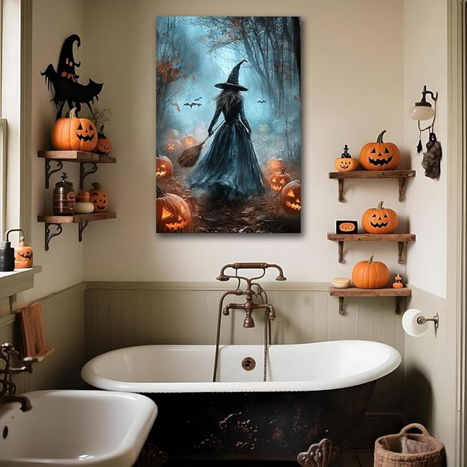 Vintage Moody Halloween Witch Artwork Wall Decor,Spooky Halloween Gothic Canvas Artwork Creepy Horror Witch with A Broom Pumpkin Bats Rustic Forest Picture,Dark Academia Poster,20"x30" Unframed