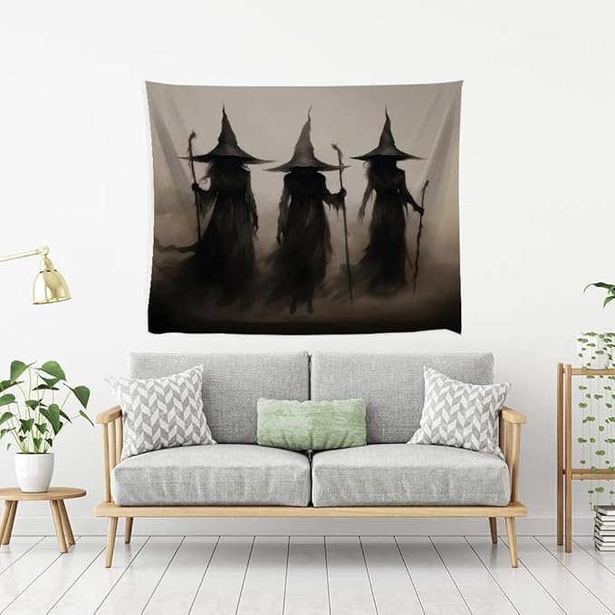 Witch Tapestry Witchy Halloween Decor Vintage Three Witches Bedroom Tapestries Retro Art Aesthetic Wall Tapestry for Bedroom Dorm Living Room white