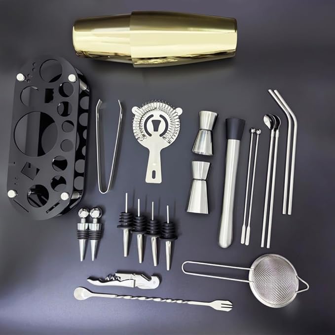 22-Piece Cocktail Shaker Set, 25/20oz Bartender Kit, Bartending Stainless Steel Bar Tools Sets for Drink Mixing, Boston Cocktail Shakers with Stand Recipes Booklet (Rose Copper-25-20oz)