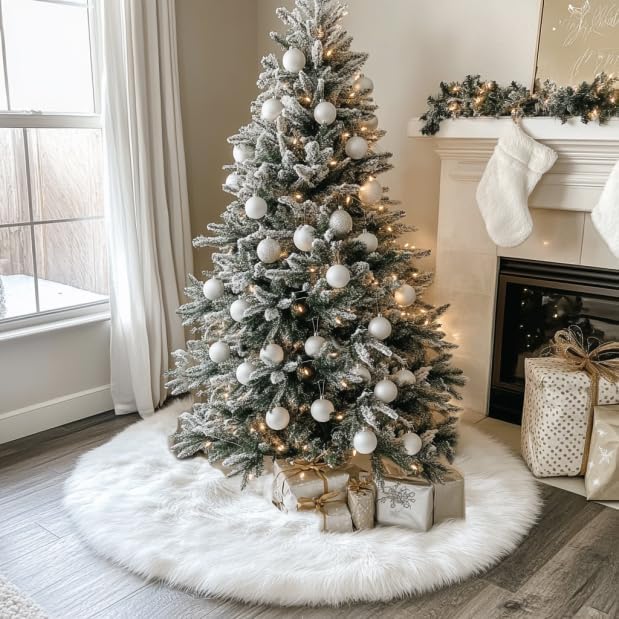 AISENO 30 White Faux Fur Christmas Tree Skirt, Luxury Plush Tree Base Cover for Holiday Party and Home Christmas Decor