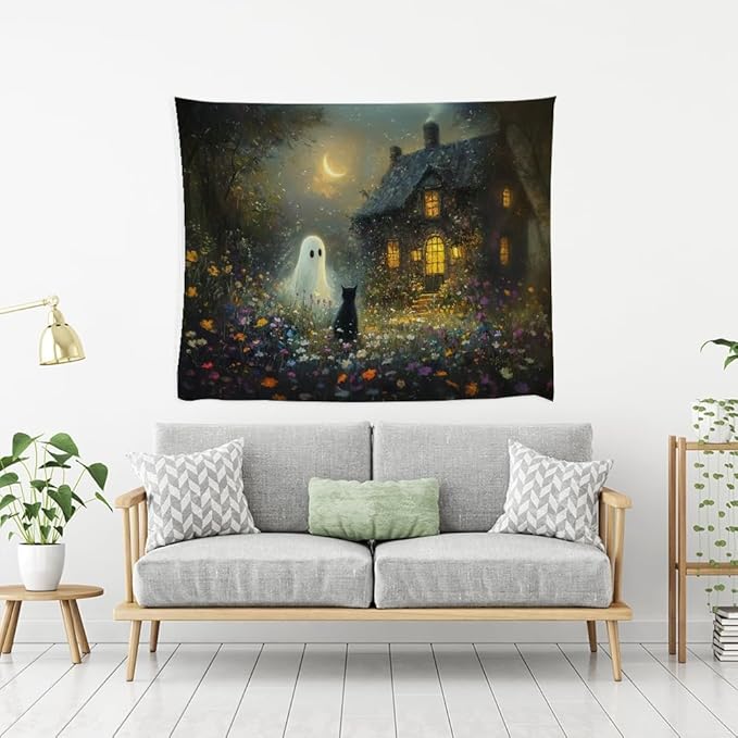 Halloween Black Cat and Ghost Tapestry Wall Hanging for Spooky Cute Bedroom Decor Dark Academia Moon Wildflower Cottage Tapestries Aesthetic for Home Living Room Decoration 30x40inch