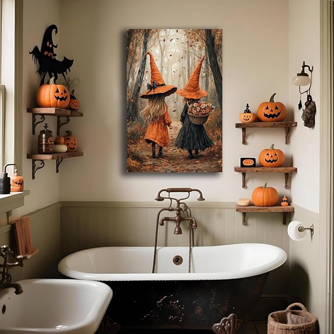 Fall Wall Art Witch Picture Decor,Little Girl Witch Halloween Wall Art, Vintage Autumn Whimsical Woodland Forest Picture, Family Room Nursery Playroom Children Room Decoration,20"x30" Framed