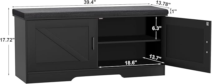 2-Tier Storage Bench, Shoe Bench with Padded Seat Cushion, Entryway Bench with 2 Barn Doors, Adjustable Shelf, 13.8" D x 39.4" W x 17.7" H, for Entryway, Living Room, Bedroom, Black