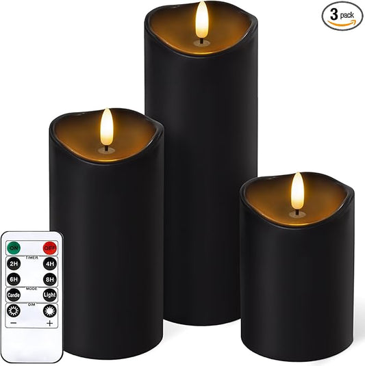Outdoor Flameless Candles with Remote Timer - Waterproof Realistic Flickering LED Pillar Electric Battery Operated Fake Candle for Home Halloween Christmas Party Decor - 3 Pack Black (D3”H4”6”8”)