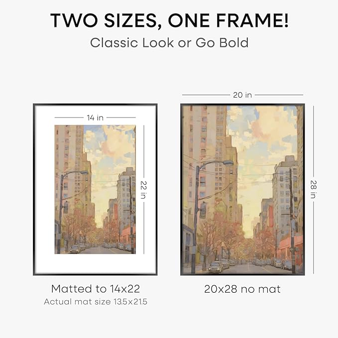 Homeforia 20 x 28 Picture Frame Black, High End Metal 20x28 Poster Frames with Mat 14x22 for Photo, 20 x 28 Black Frame Matted to 14 x 22 Print, 28x20 Hanging Frame, Tempered Glass, Wall Kit, Set of 1