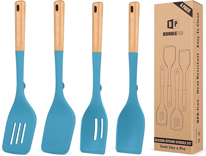 Pack of 4 Silicone Kitchen Utensils Set, Non Stick Solid Spatulas and Heat Resistant Slotted Spoons with Wooden Handle, Ideal BPA Free Cooking Utensils for Mixing,Serving,Turning,Stirring(BLUE)