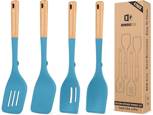 Pack of 4 Silicone Kitchen Utensils Set, Non Stick Solid Spatulas and Heat Resistant Slotted Spoons with Wooden Handle, Ideal BPA Free Cooking Utensils for Mixing,Serving,Turning,Stirring(BLUE)