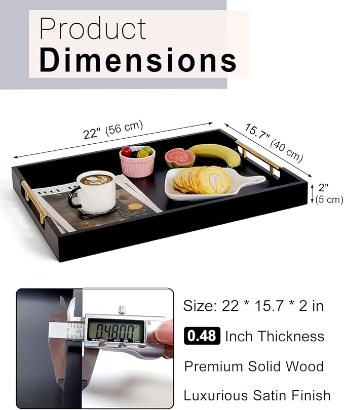 22 Inch Rectangle Black Ottoman Tray with Gold Metal Handles, Extra Large Wooden Serving Tray for Living Room, Coffee Table, Kitchen & Hosting