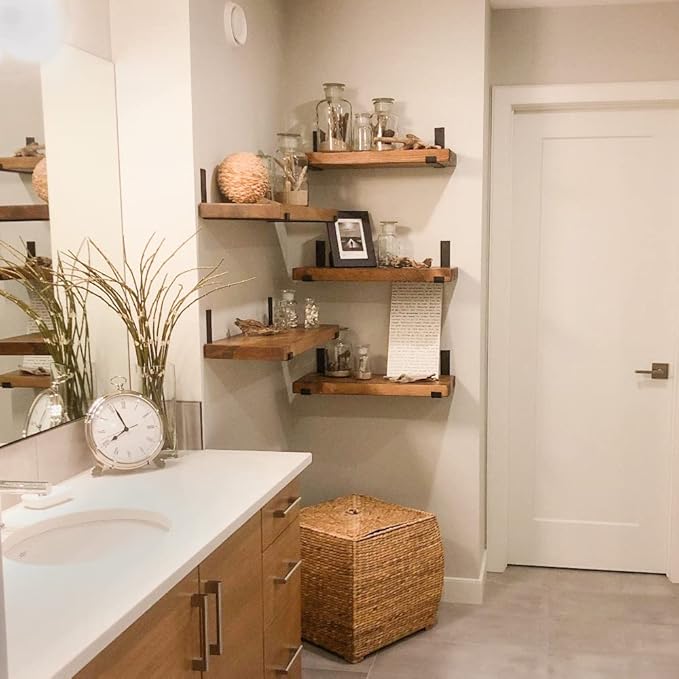 Rustic Shelves with J-Brackets Set of 2, Industrial Shelf, Kitchen Shelves, Solid Wood, Decorative Wall Storage, Heavy Duty, URBANDI (Brown, 24Wx8D)