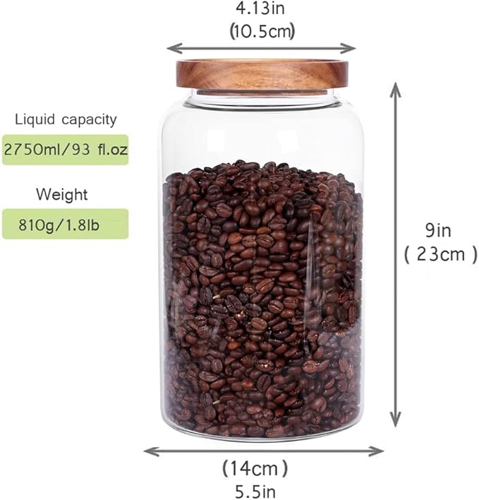 Large Glass Food Canisters, 93 FL OZ(2750ml) Kitchen Serving Stoarge Container with Airtight Wooden Lids, Cereal Dispenser Jars for Spaghetti Pasta, Powder, Spice, Tea, Coffee(8.8inch high)