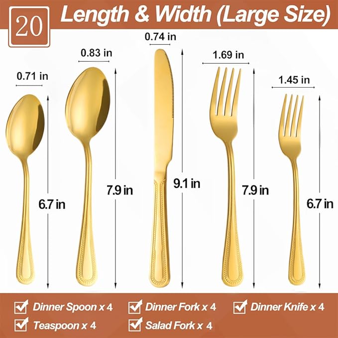 20 Pcs Gold Silverware Set for 4 with Pearled Edge Handle design, Food Grade Stainless Steel Flatware Set, Eating Utensils Sets Include Fork/Knife/Spoon, Reusable Cutlery Set, Dishwasher Safe
