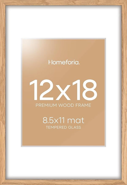 Homeforia 12x18 Picture Frame Wood, High End Natural Oak 12x18 Light Wooden Poster Frame with Mat 8.5x11, 12 x 18 Frames Matted to 8.5 by 11 Photo, 18x12 Thin Frame, Tempered Glass, Wall Kit, Set of 1